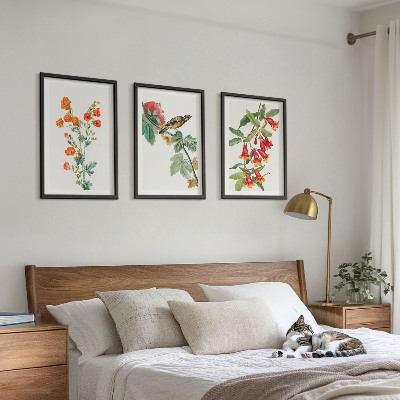 Set di 3 quadri Fiori dipinti e un uccello