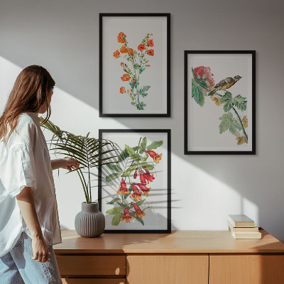Set di 3 quadri Fiori dipinti e un uccello