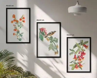 Set di 3 quadri con fiori dipinti e un uccello