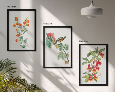 Set di 3 quadri Fiori dipinti e un uccello