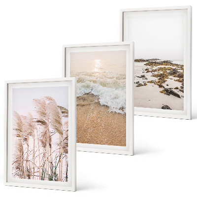 Set di 3 quadri Spiaggia erba onde pietre boho