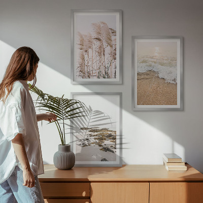 Set di 3 quadri Spiaggia erba onde pietre boho