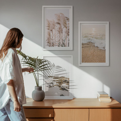 Set di 3 quadri Spiaggia erba onde pietre boho