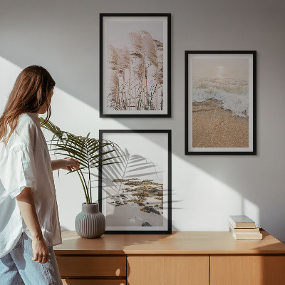 Set di 3 quadri Spiaggia erba onde pietre boho