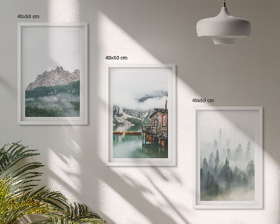 Composizione di quadri Montagne, lago, cottage, nebbia
