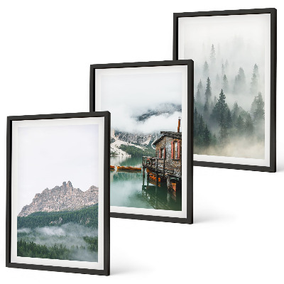 Composizione di quadri Montagne, lago, cottage, nebbia