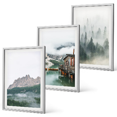 Composizione di quadri Montagne, lago, cottage, nebbia