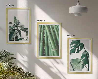 Composizione di quadri con steli di bambù e foglie di monstera