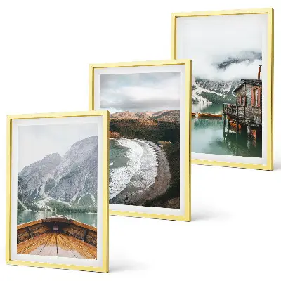 Set di 3 quadri con paesaggio di montagne lago barca e spiaggia