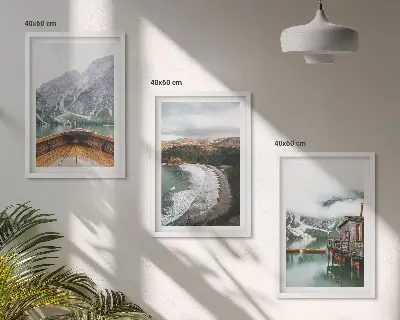 Set di 3 quadri con paesaggio di montagne lago barca e spiaggia