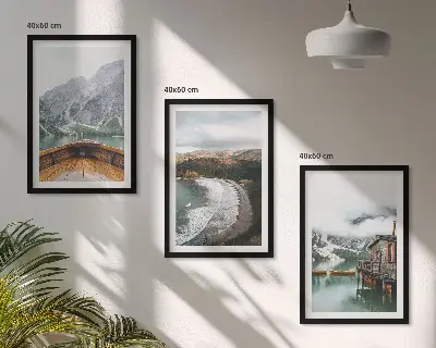 Set di 3 quadri con paesaggio di montagne lago barca e spiaggia