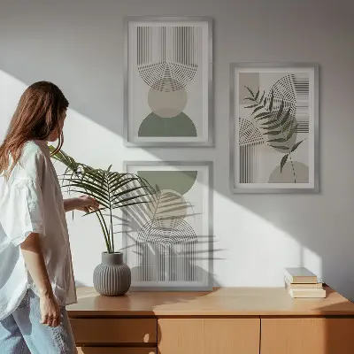 Set di 3 quadri con forme astratte e vegetazione