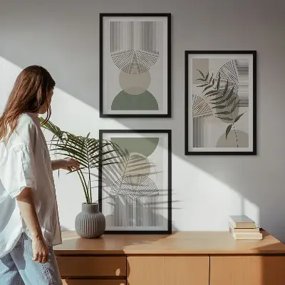 Set di 3 quadri con forme astratte e vegetazione