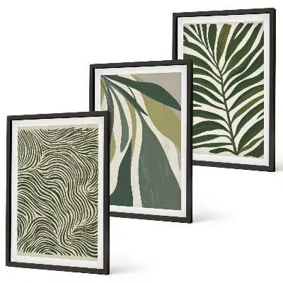 Set di quadri incorniciati con foglie e linee ondulate verdi