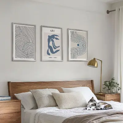 Set di 3 quadri con linee blu astratte