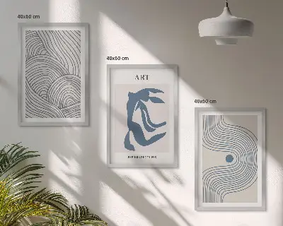 Set di 3 quadri con linee blu astratte