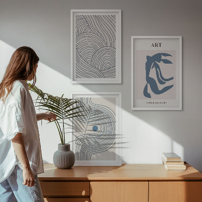 Set di 3 quadri Linee blu astratte