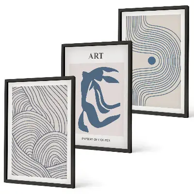 Set di 3 quadri con linee blu astratte