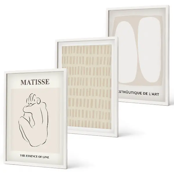 Set di quadri incorniciati con linee e forme nei toni del beige e bianco