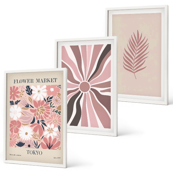 Set di 3 quadri Motivi floreali e geometrici