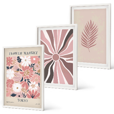 Set di 3 quadri Motivi floreali e geometrici