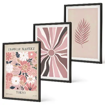 Set di 3 quadri con motivi floreali e geometrici