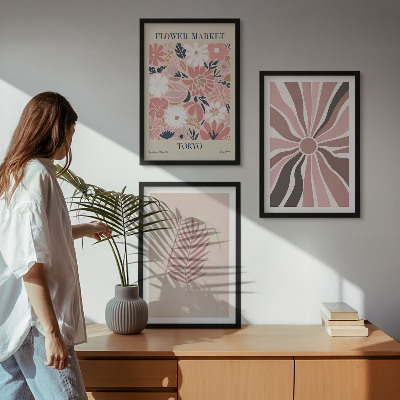 Set di 3 quadri Motivi floreali e geometrici