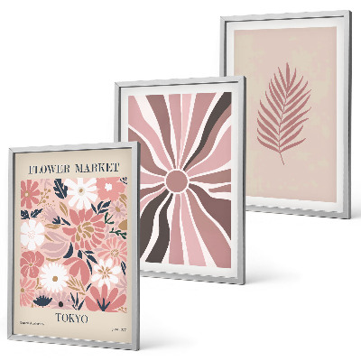 Set di 3 quadri Motivi floreali e geometrici