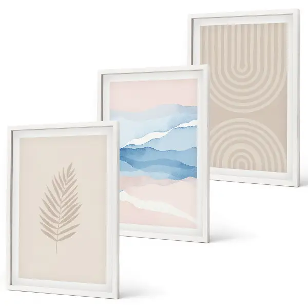 Set di 3 quadri con stampa di foglie color beige e blu