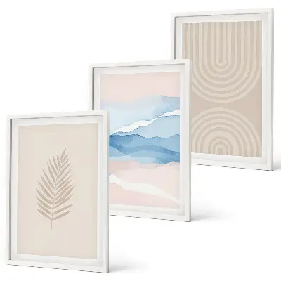 Set di 3 quadri con stampa di foglie color beige e blu