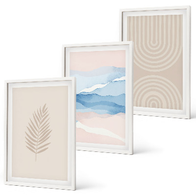 Set di 3 quadri Foglie onde beige blu
