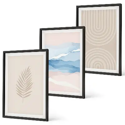Set di 3 quadri con stampa di foglie color beige e blu