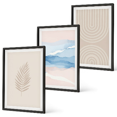 Set di 3 quadri Foglie onde beige blu