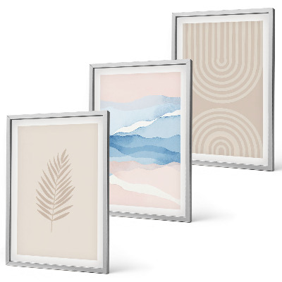 Set di 3 quadri Foglie onde beige blu