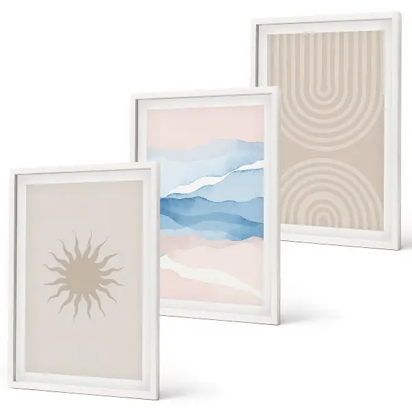 Composizione di quadri onde di sole con linee astratte color pastello