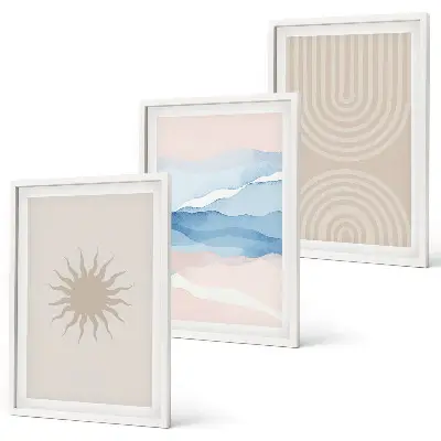 Composizione di quadri onde di sole con linee astratte color pastello