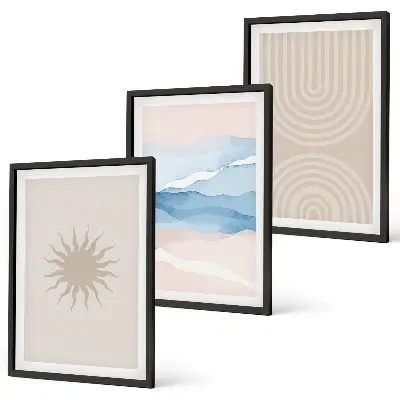Composizione di quadri onde di sole con linee astratte color pastello