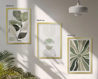 Composizione di quadri con motivi vegetali e forme geometriche