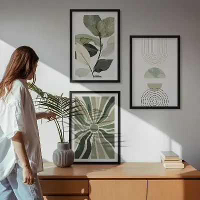 Composizione di quadri con motivi vegetali e forme geometriche