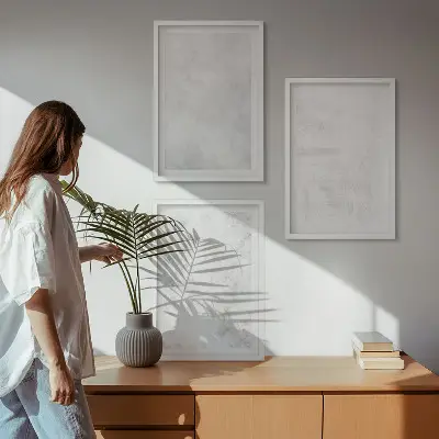 Composizione di quadri con sfondo minimalista a pois bianchi