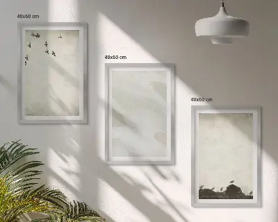 Set di 3 quadri con decorazioni di uccelli e rocce a pennellate