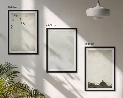 Set di 3 quadri con decorazioni di uccelli e rocce a pennellate