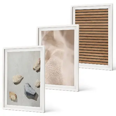 Set di 3 quadri con stampa effetto trame di pietre, legno e tessuti