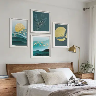 Paesaggi eleganti con uccelli polittico con cornice