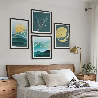 Paesaggi eleganti con uccelli polittico con cornice