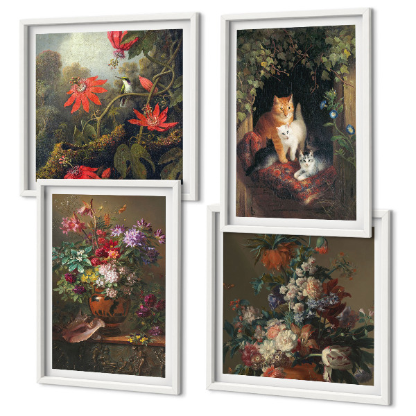 Composizione di 4 quadri Fiori vintage, gatti, piante