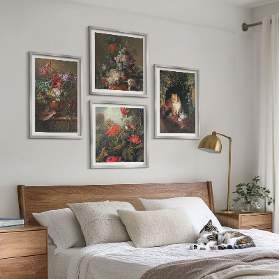 Composizione di 4 quadri Fiori vintage, gatti, piante