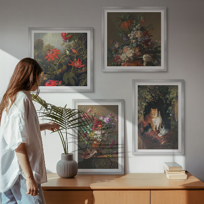 Composizione di 4 quadri Fiori vintage, gatti, piante