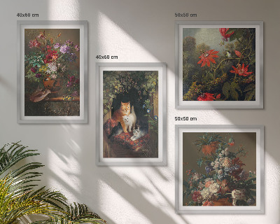 Composizione di 4 quadri Fiori vintage, gatti, piante