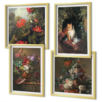Composizione di 4 quadri con fiori vintage, gatti e piante